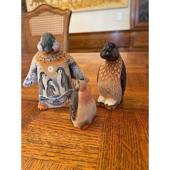 3 Hand Painted Wooden CarvedRussian Emperor Penguin Family
